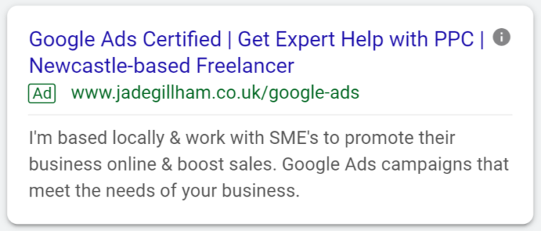 Google Ads Text Ad Example - Jade Gillham Freelance PPC Specialist